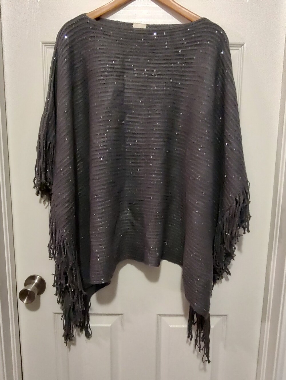 Chico's Charcoal Gray Sequin Fringe Poncho